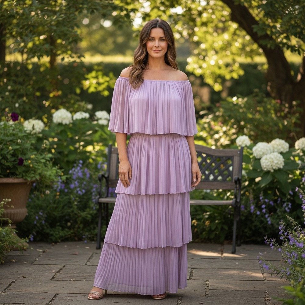 ❤️NWOT Premier Amour Lavender Purple Tiered Pleated Off Shoulder Dress Size 6